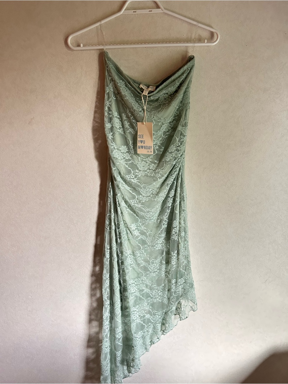 See You Monday Lace Strapless Dress in Sage Green